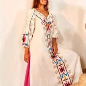 Farm Rio Macaw Embroidered Linen-Blend Caftan Midi-Dress. Size S.